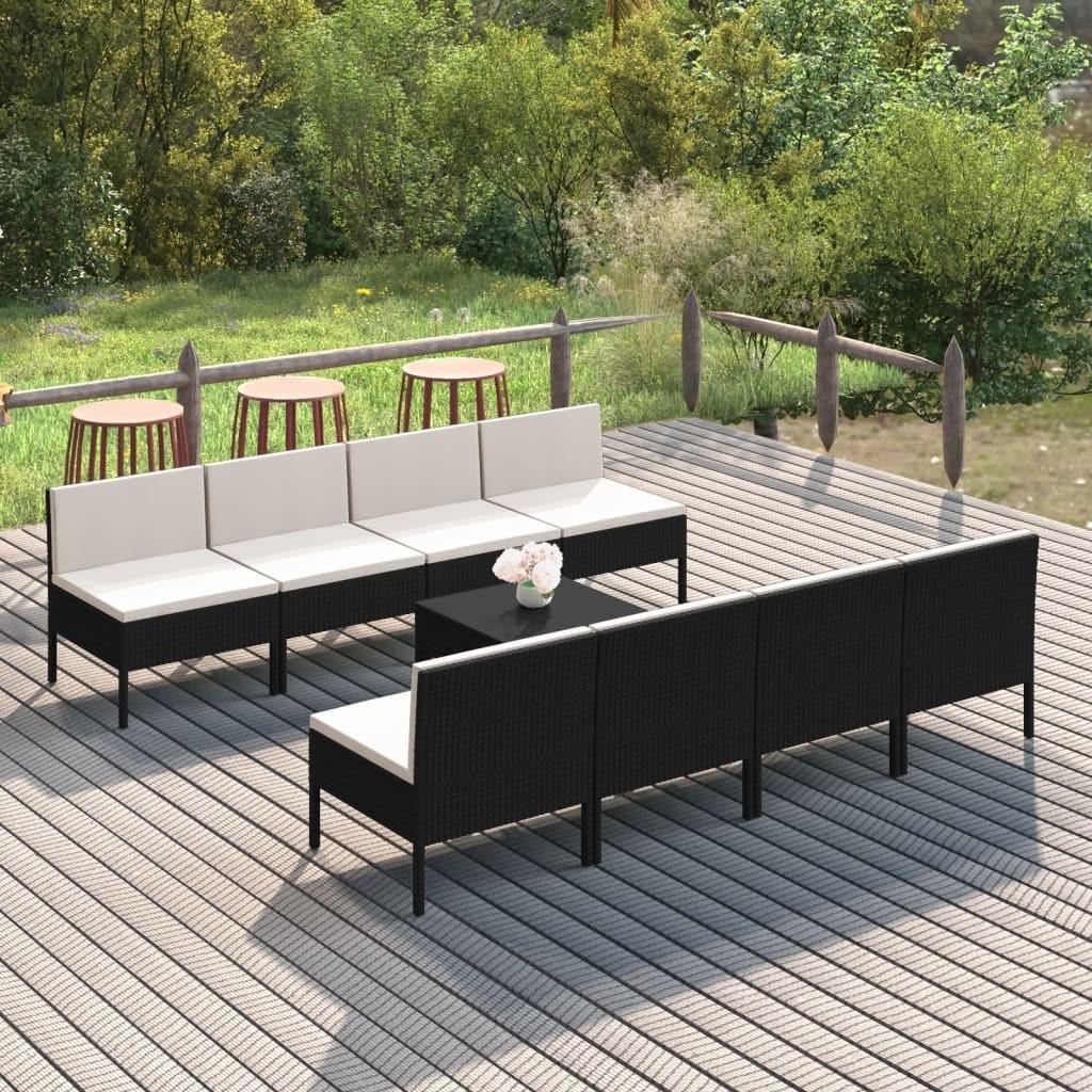 Loungesæt til haven 9 dele med hynder polyrattan sort billede