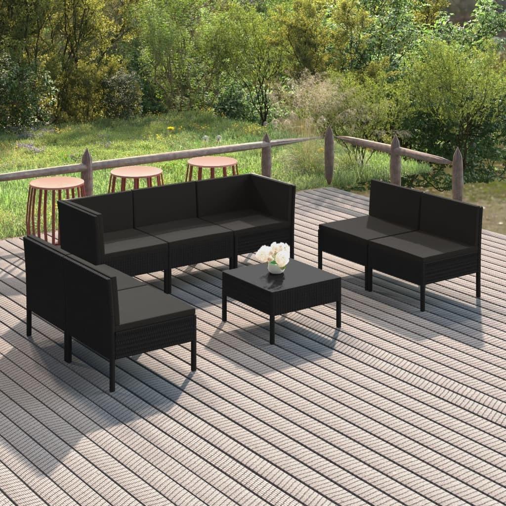 Loungesæt til haven 8 dele med hynder polyrattan sort