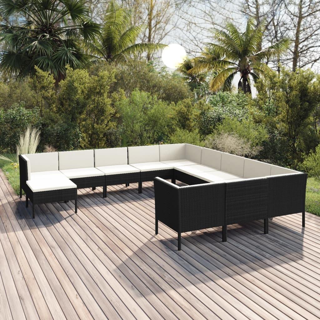 Loungesæt til haven 12 dele med hynder i polyrattan - sort/creme