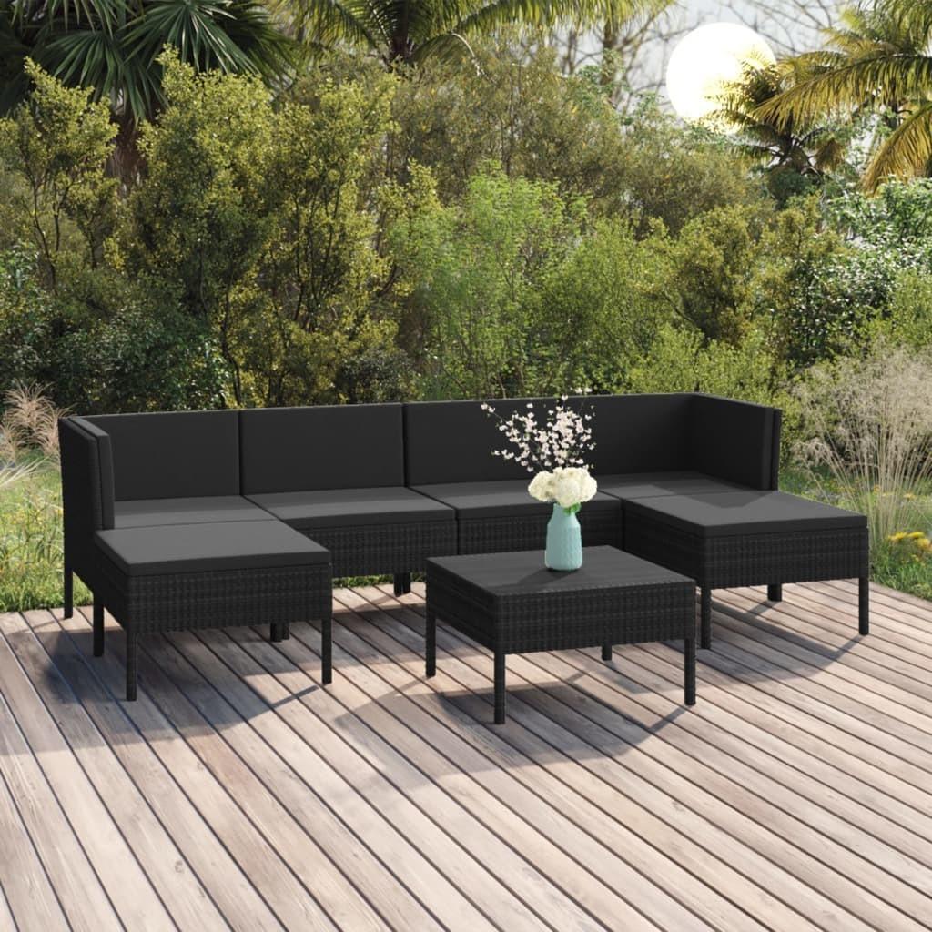 Loungesæt til haven 7 dele med hynder polyrattan sort