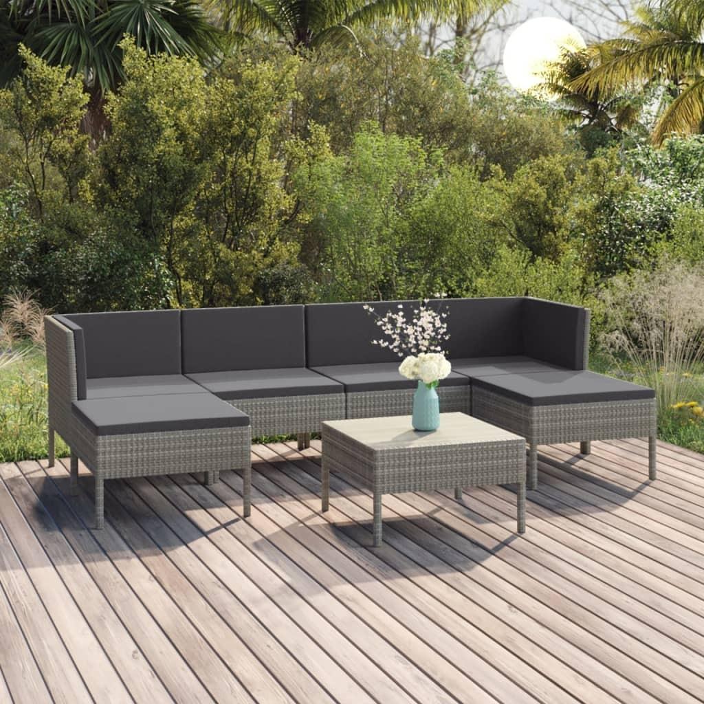 Loungesæt til haven 7 dele med hynder polyrattan grå