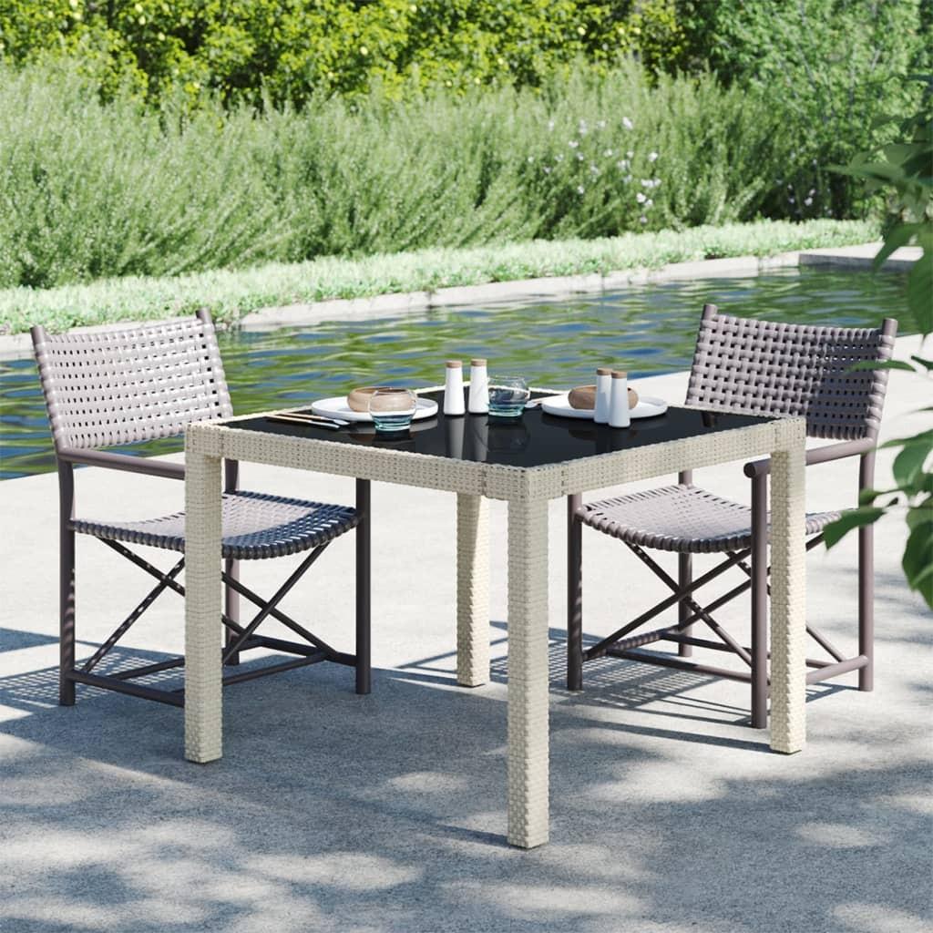 Havebord 90x90x75 cm hærdet glas og polyrattan beige