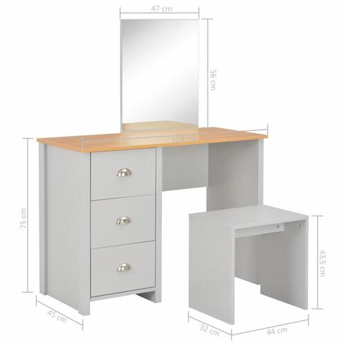 Toiletbord med spejl og skammel 104x45x131 cm grå