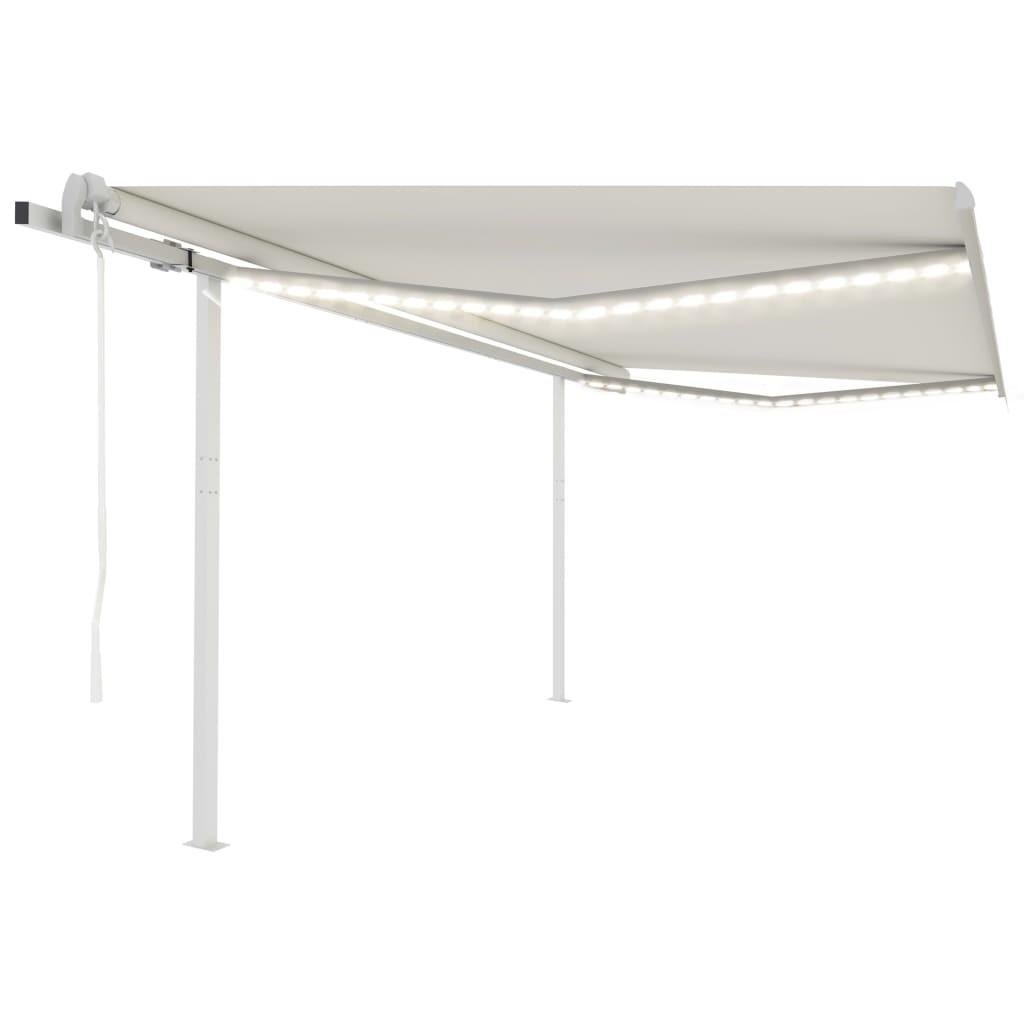 Markise m. LED + vindsensor 4,5x3 m automatisk cremefarvet