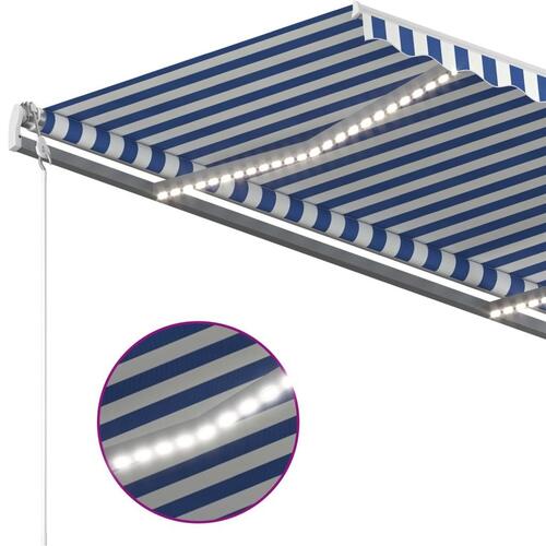 Markise m. LED-lys + vindsensor 4x3 m automatisk blå og hvid