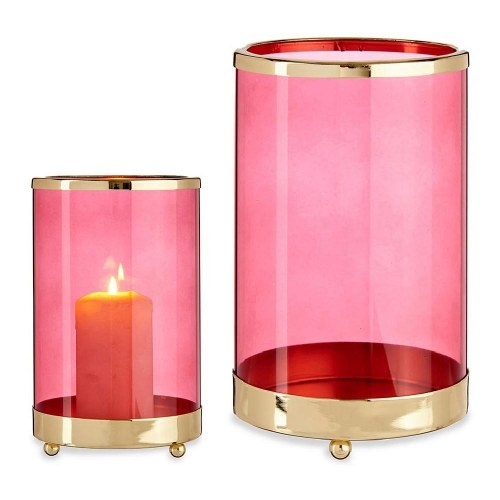 Lysestage cylinder - pink glas og gyldent metal 12,2 × 19,5 cm
