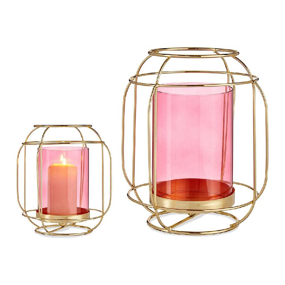 Lysestage lanterne - pink glas og gyldent metal, 19 × 20 × 19 cm