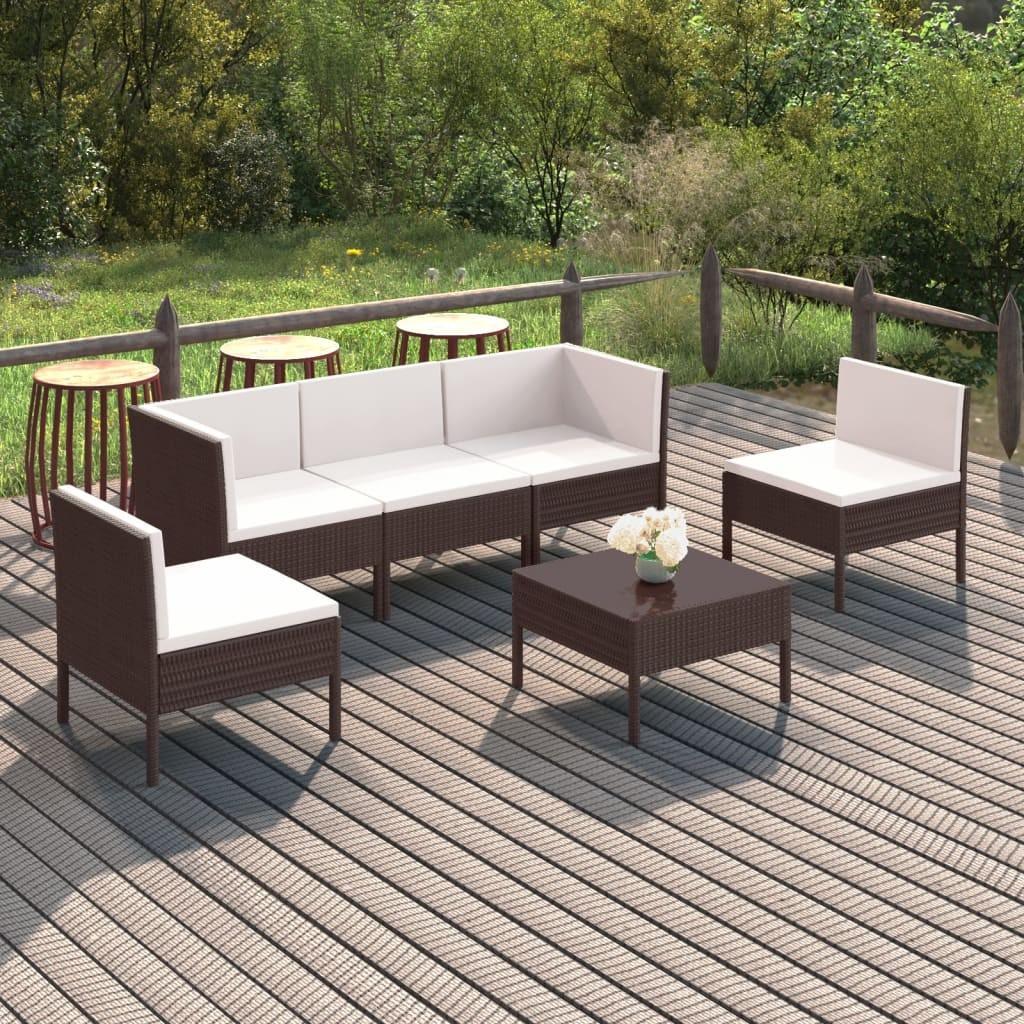 Loungesæt til haven 6 dele med hynder polyrattan brun