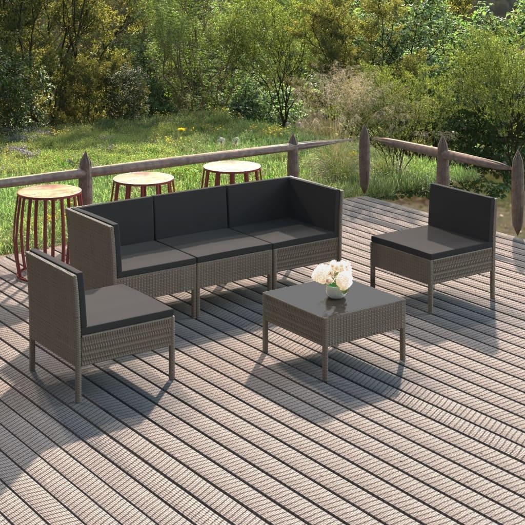 Loungesæt til haven 6 dele med hynder polyrattan grå