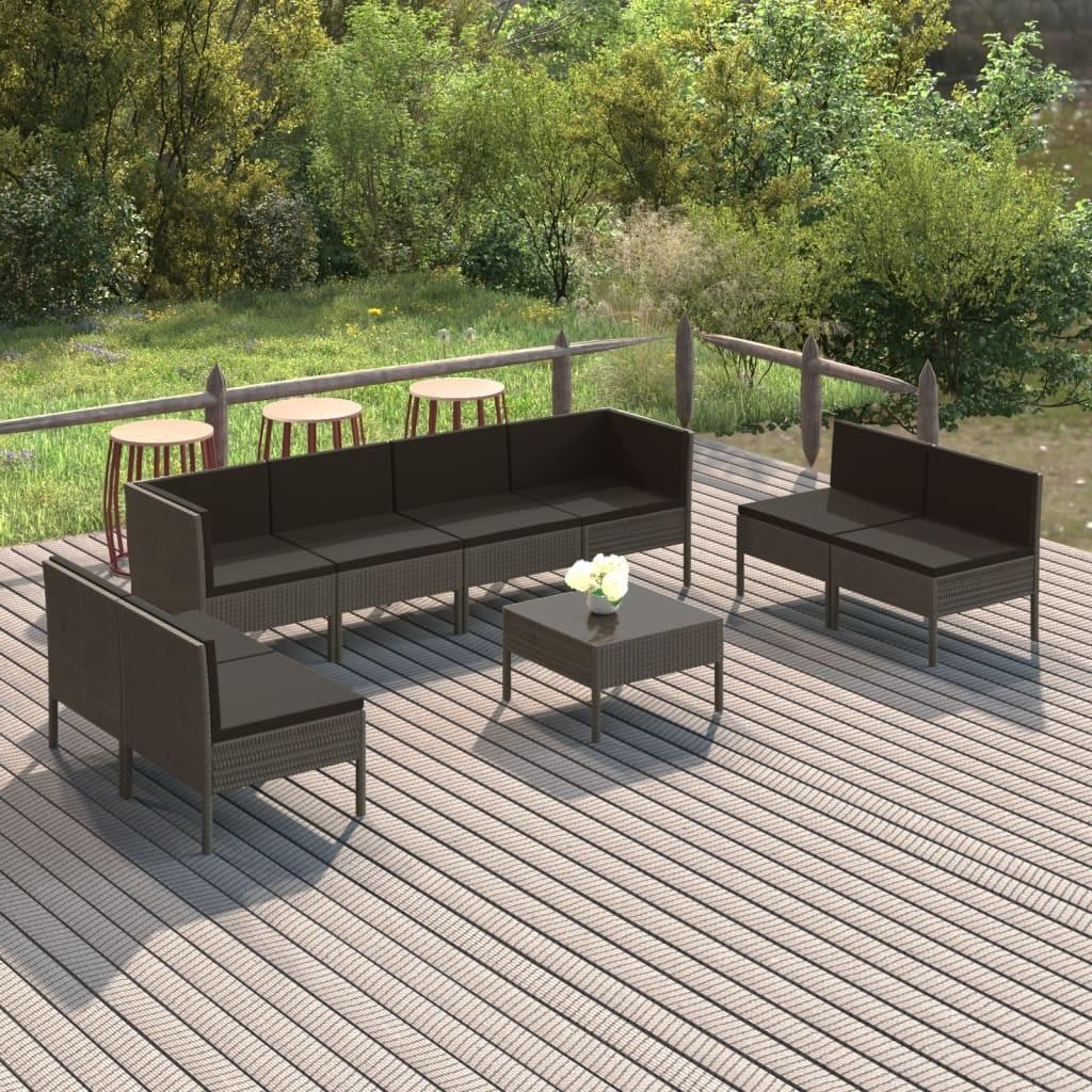 Loungesæt til haven 9 dele med hynder polyrattan grå billede