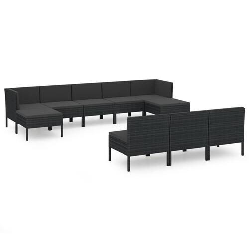 Haveloungesæt 10 dele med hynder polyrattan sort