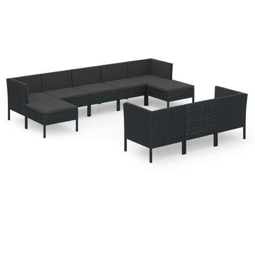 Haveloungesæt 10 dele med hynder polyrattan sort