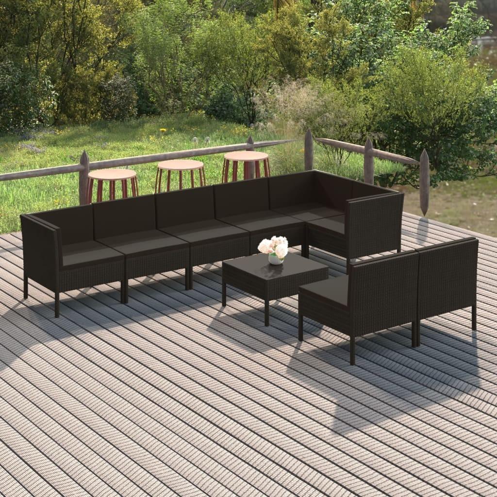 Loungesæt til haven 9 dele med hynder polyrattan sort billede