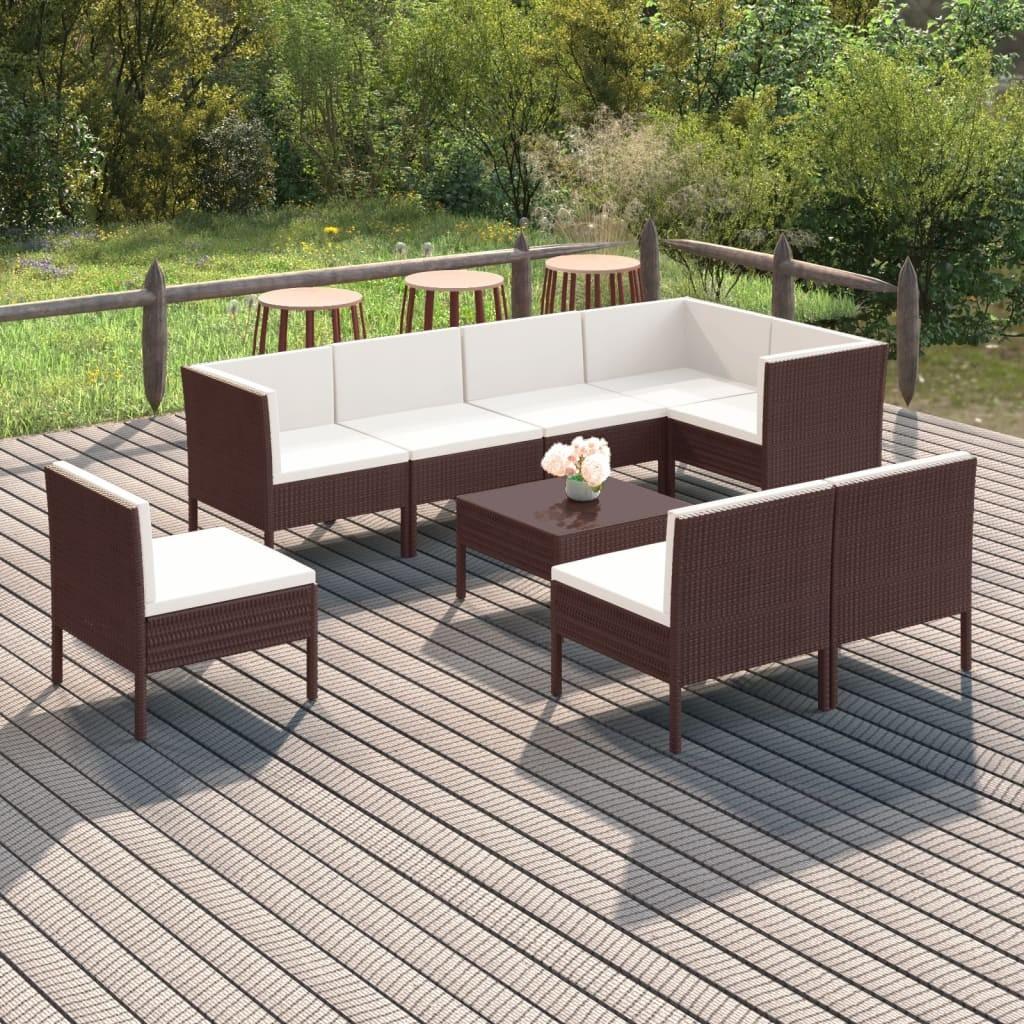 Loungesæt til haven 9 dele med hynder polyrattan brun