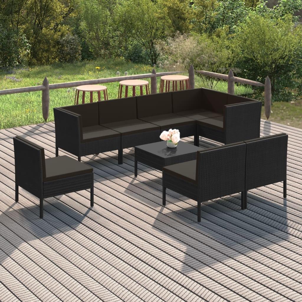 Loungesæt til haven 9 dele med hynder polyrattan sort billede