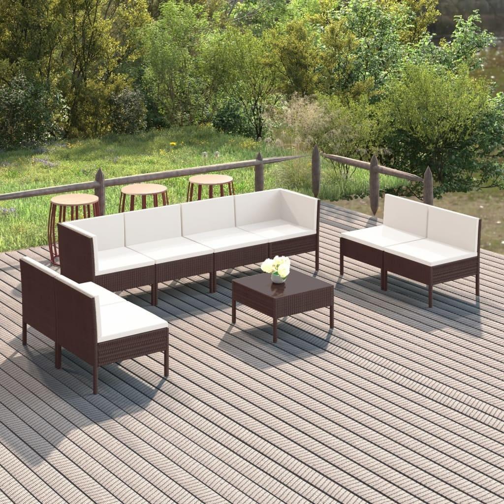 Loungesæt til haven 9 dele med hynder polyrattan brun