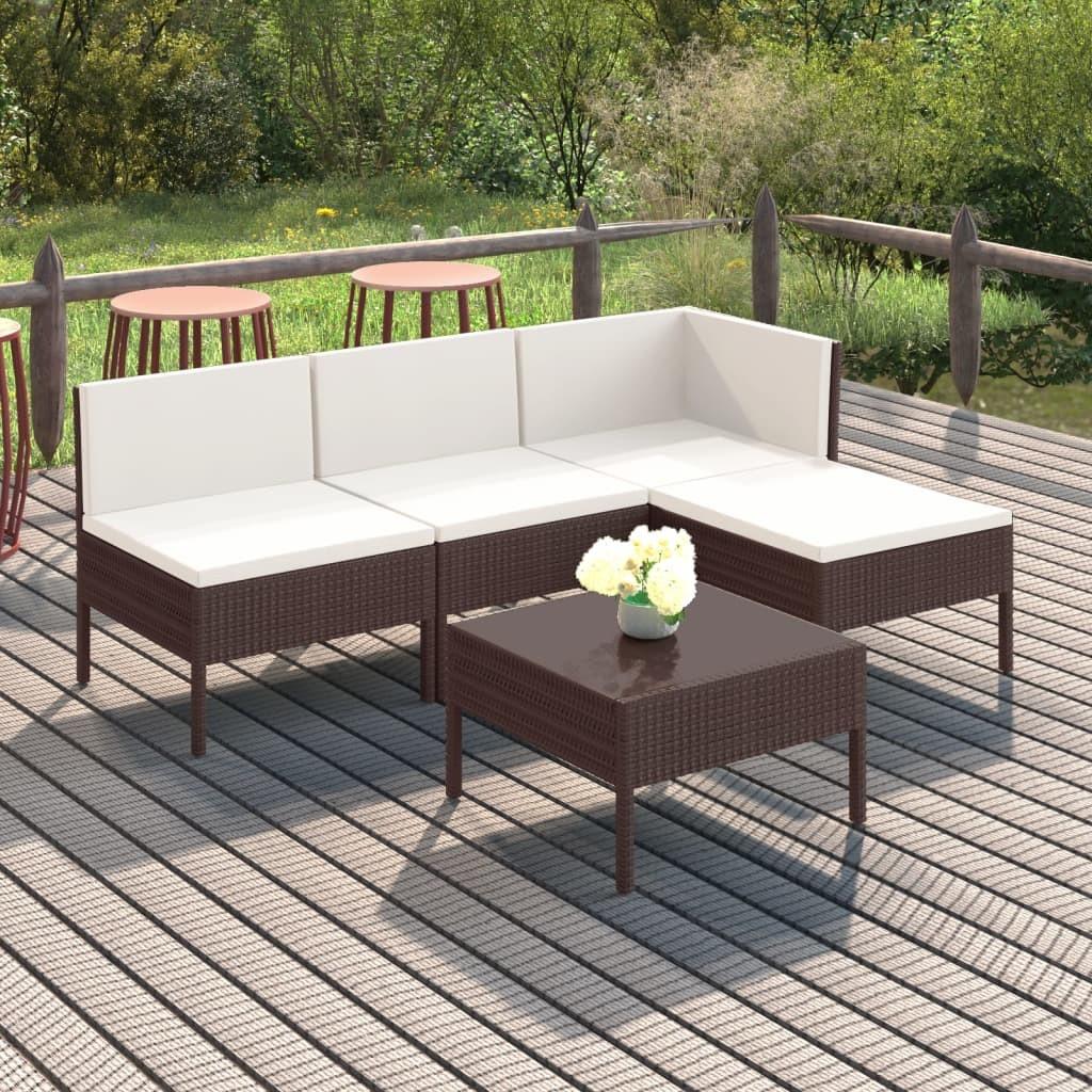 Loungesæt til haven 5 dele med hynder polyrattan brun