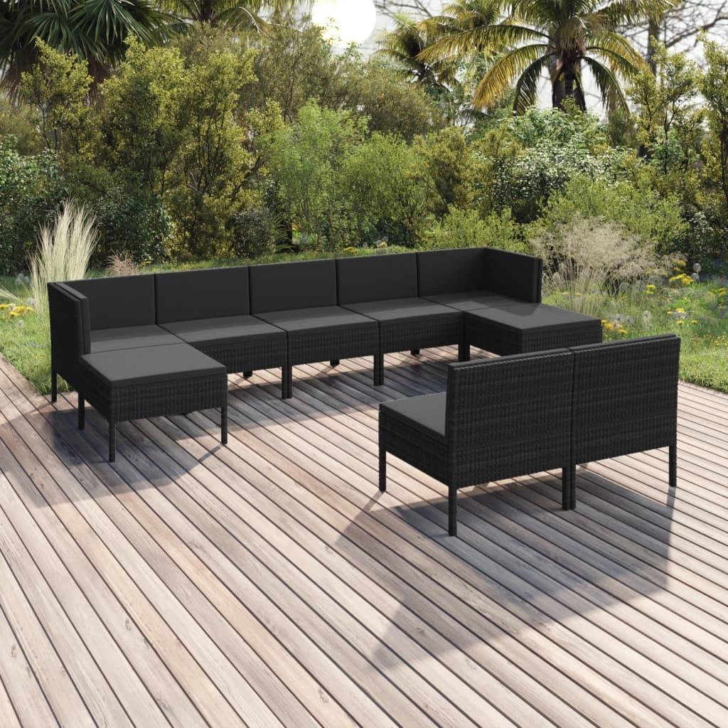 Loungesæt til haven 9 dele med hynder polyrattan sort