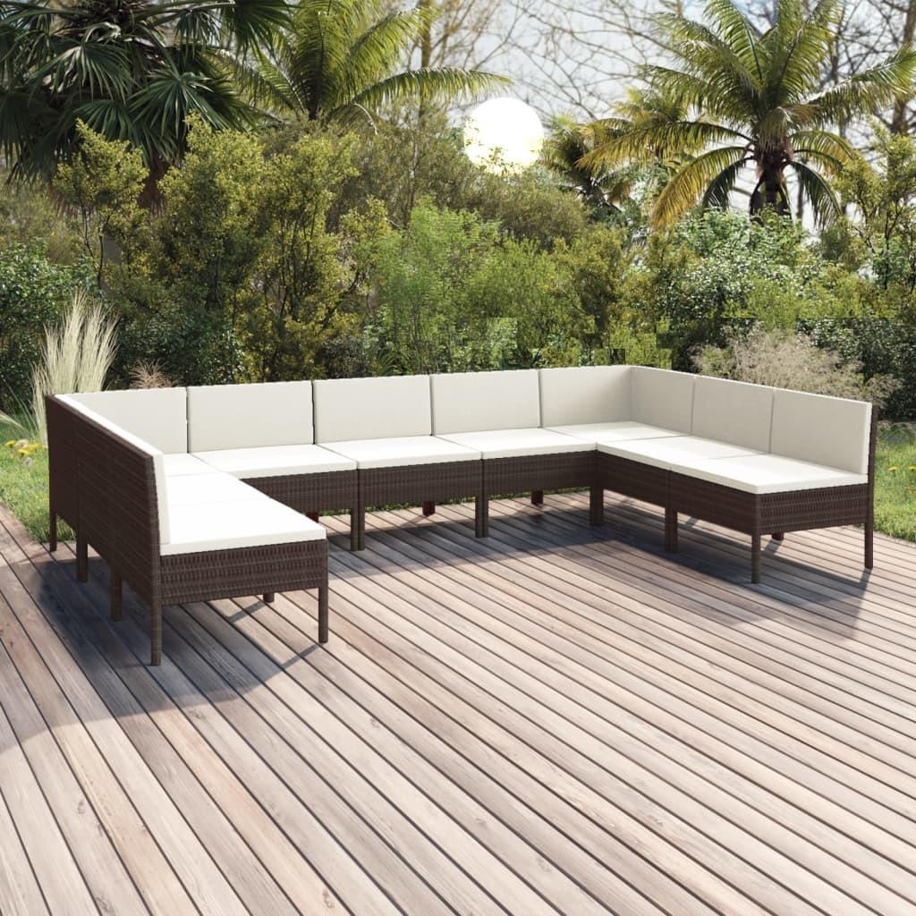 Loungesæt til haven 9 dele med hynder polyrattan brun