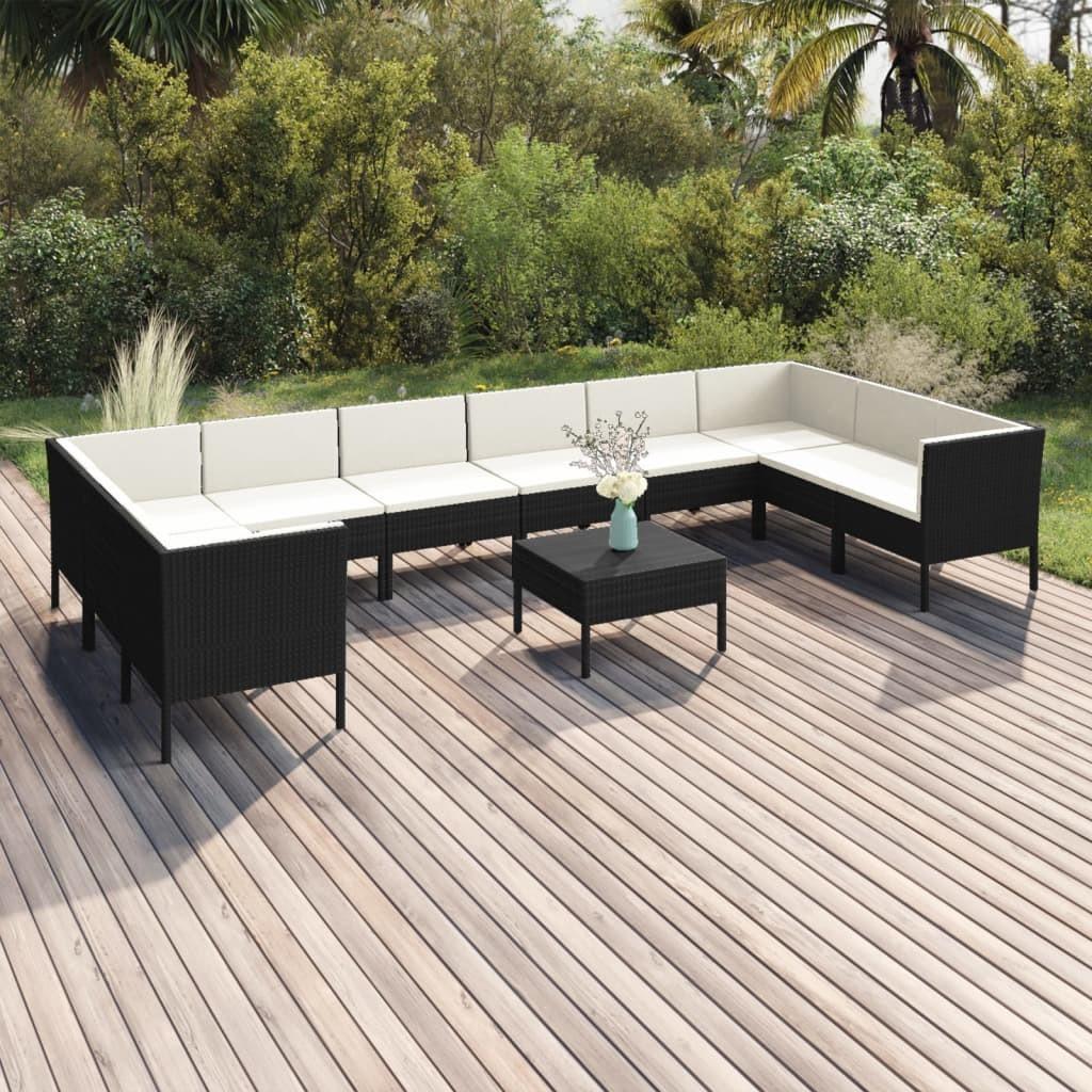 Loungesæt til haven 11 dele med hynder polyrattan sort