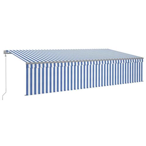 Markise m. rullegardin + LED + vindsensor 6x3 m auto blå/hvid