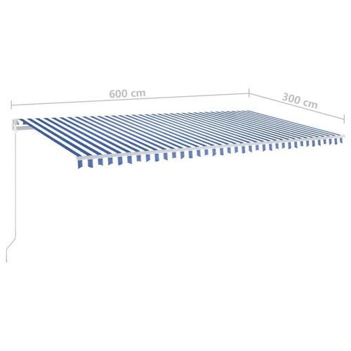 Markise m. LED + vindsensor 600x300 cm automatisk blå og hvid