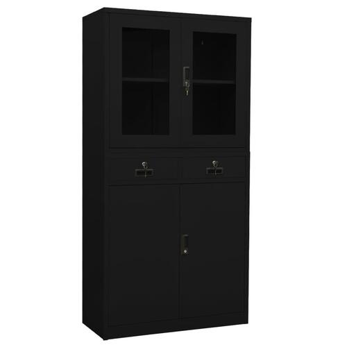 Kontorskab 90x40x180 cm stål og hærdet glas sort