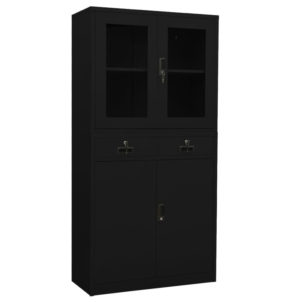 Kontorskab 90x40x180 cm stål og hærdet glas sort