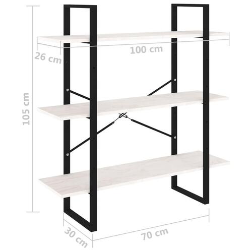 Bogreol med 3 hylder 100x30x105 cm massivt fyrretræ hvid
