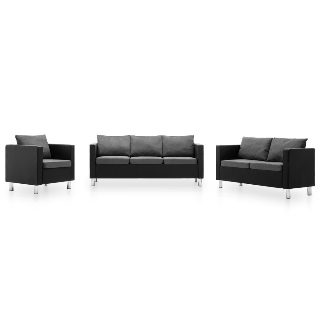 Sofasæt i 3 dele kunstlæder sort og lysegrå