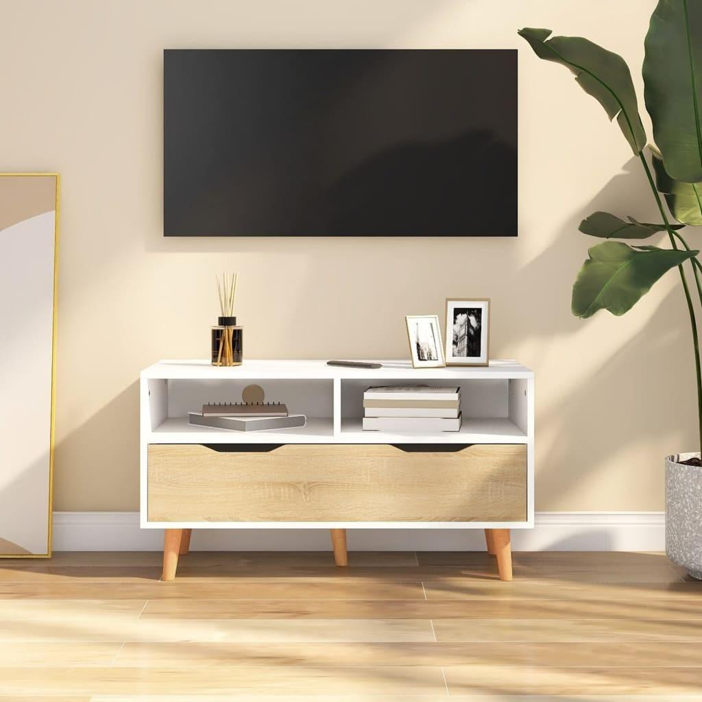 Tv-bord 90x40x48,5 cm konstrueret træ hvid og sonoma-eg