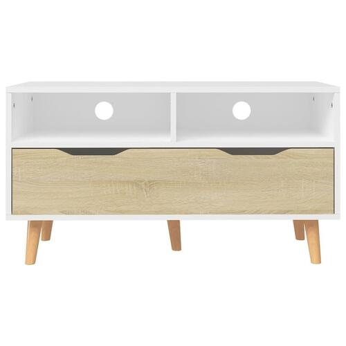 Tv-bord 90x40x48,5 cm konstrueret træ hvid og sonoma-eg
