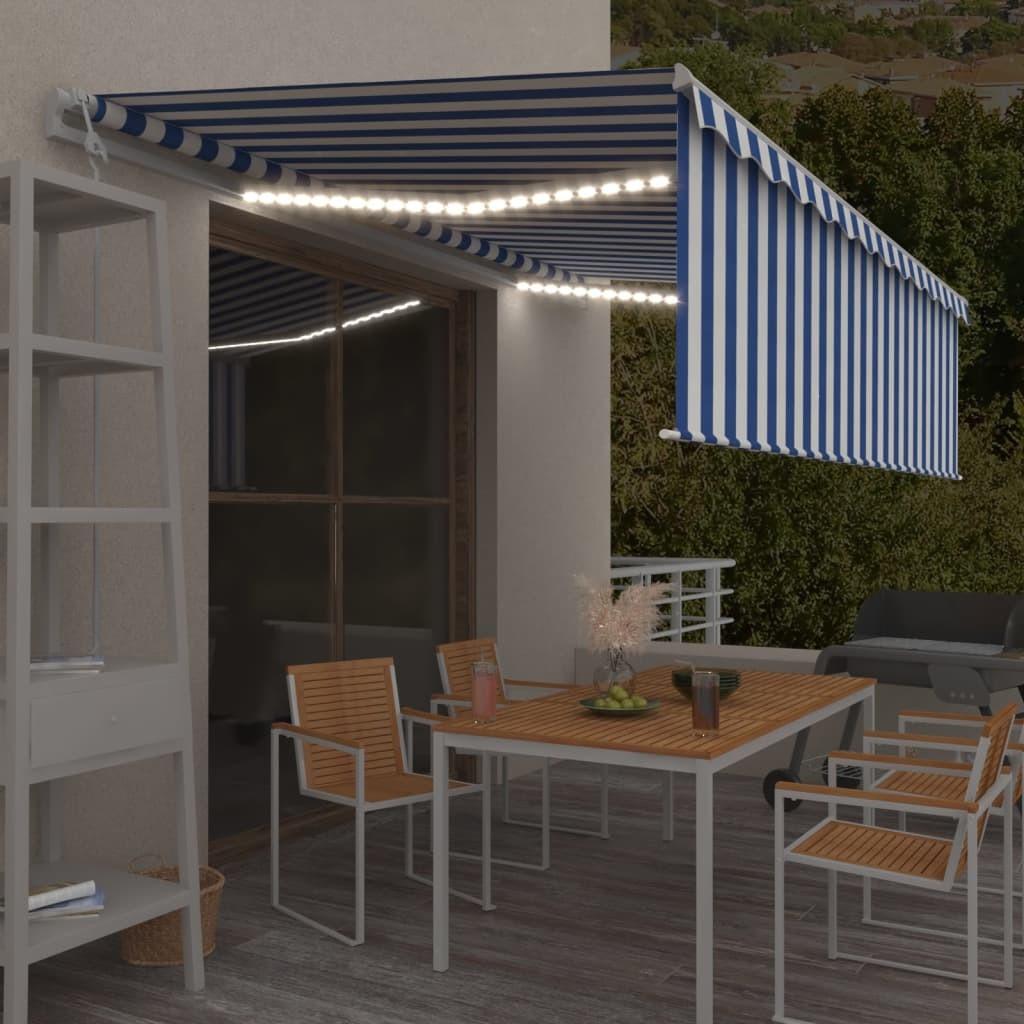 Markise m. gardin+LED+vindsensor 5x3 m automatisk blå og hvid