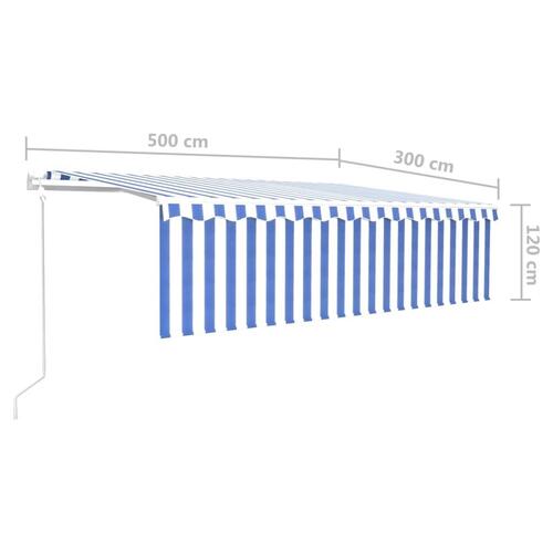 Markise m. gardin+LED+vindsensor 5x3 m automatisk blå og hvid