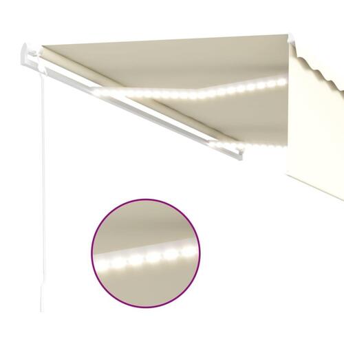 Markise m. gardin+LED+vindsensor 5x3 m automatisk cremefarvet