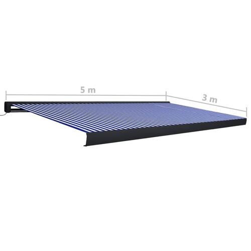 Kassettemarkise m. motor 500x300 cm blå og hvid