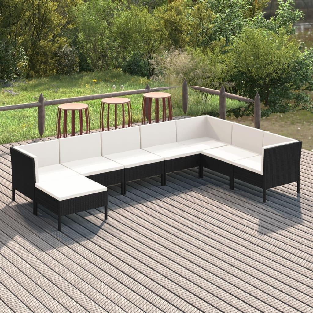 Loungesæt til haven 8 dele med hynder polyrattan sort billede