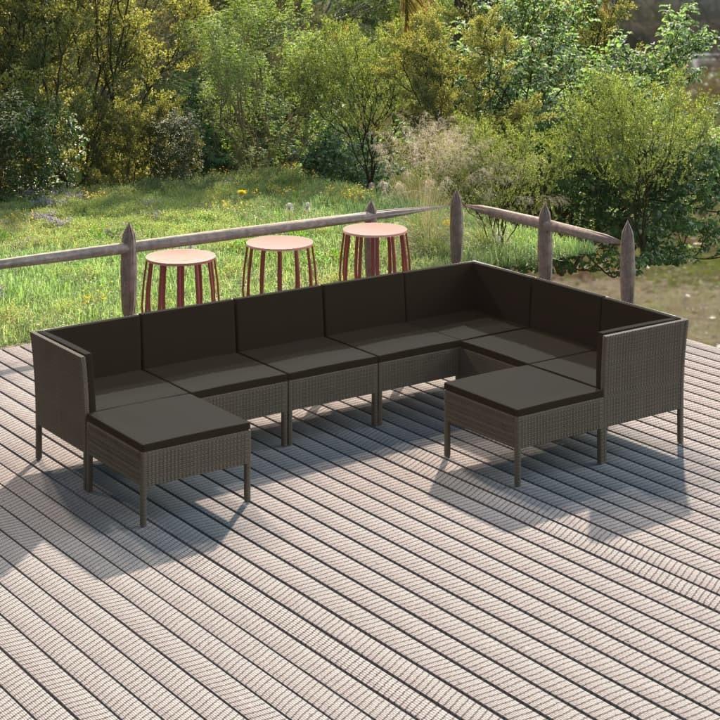 Loungesæt til haven 9 dele med hynder polyrattan grå