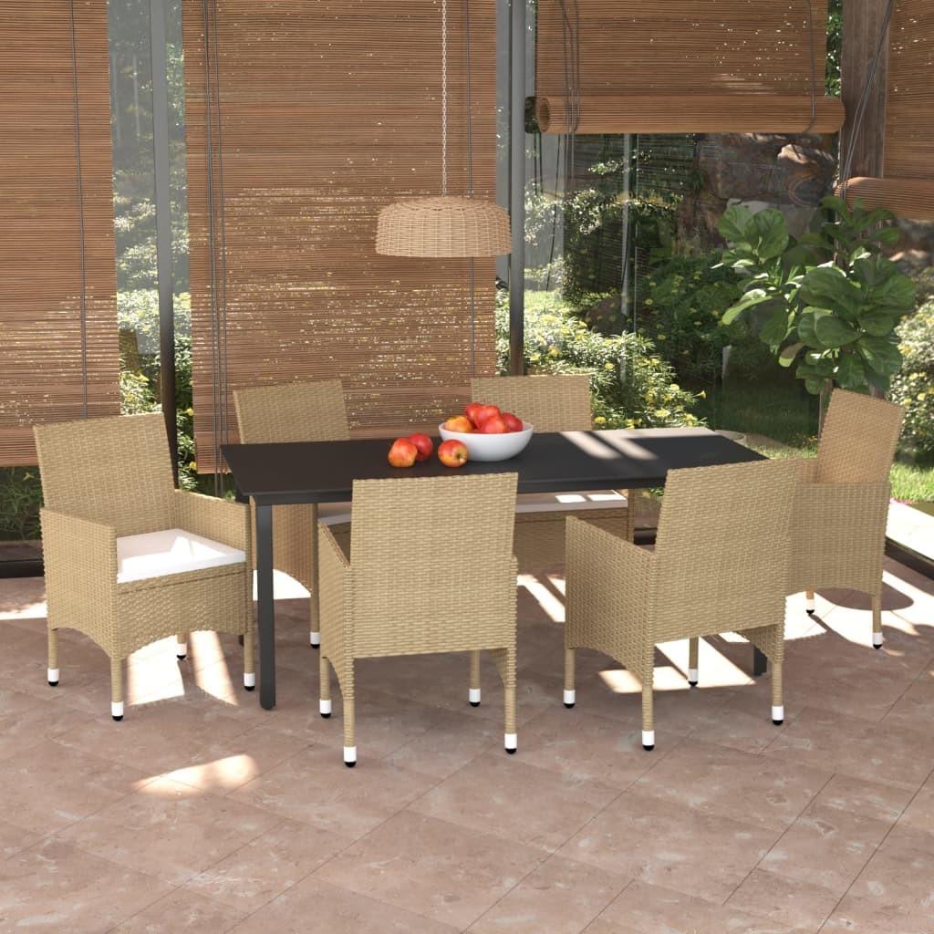 Spisebordssæt til haven med hynder 7 dele polyrattan beige