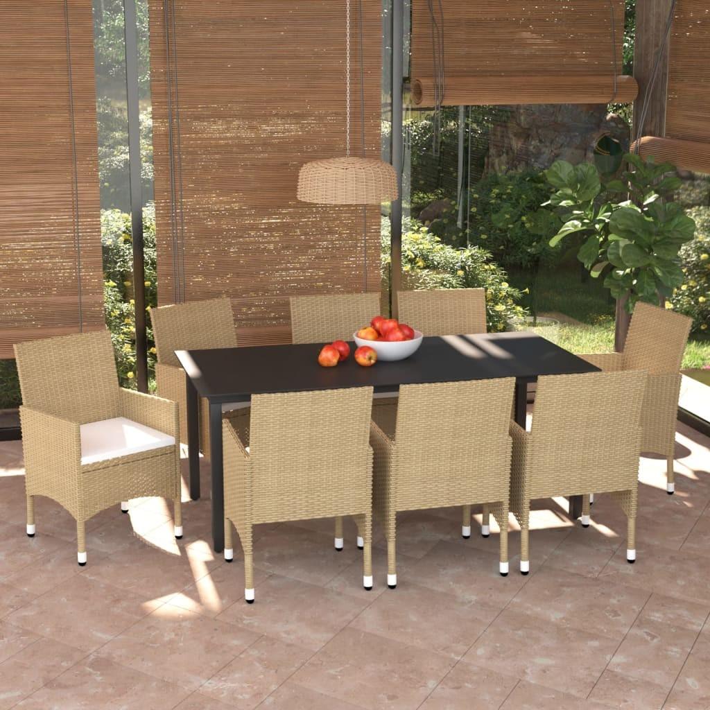 Spisebordssæt til haven med hynder 9 dele polyrattan beige