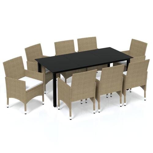 Spisebordssæt til haven med hynder 9 dele polyrattan beige
