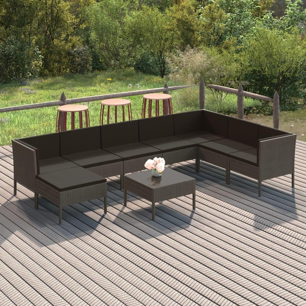 Loungesæt til haven 9 dele med hynder polyrattan grå