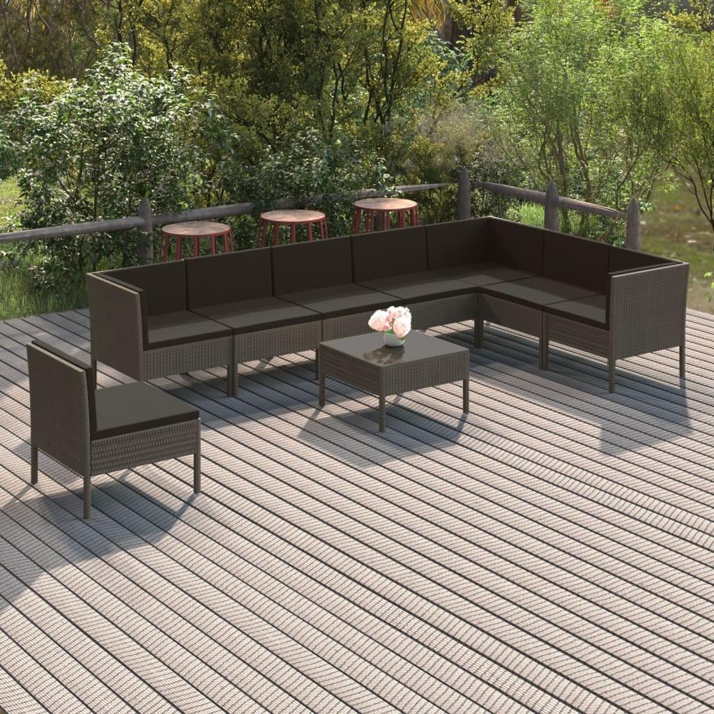 Loungesæt til haven 9 dele med hynder polyrattan grå