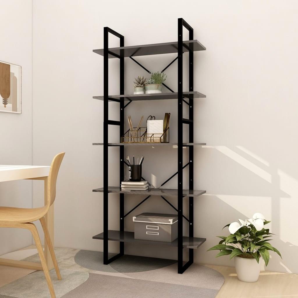 Bogreol med 5 hylder 80x30x175 cm konstrueret træ grå