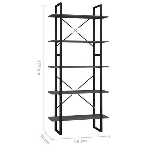 Bogreol med 5 hylder 80x30x175 cm konstrueret træ grå