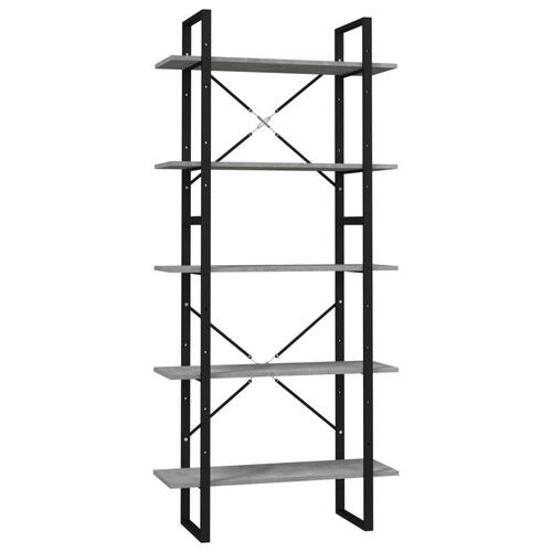 Bogreol med 5 hylder 80x30x175 cm konstrueret træ betongrå