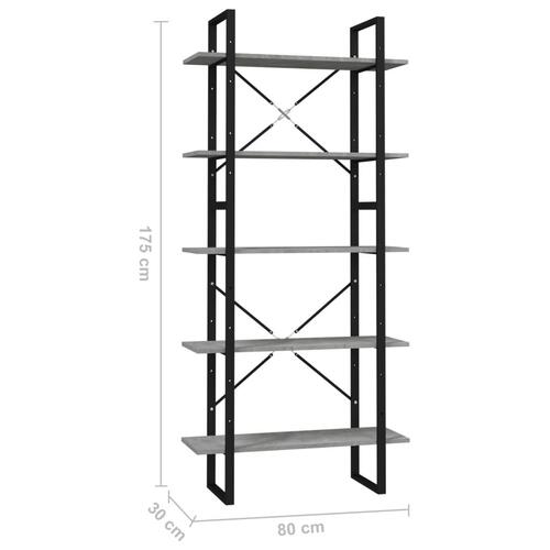 Bogreol med 5 hylder 80x30x175 cm konstrueret træ betongrå