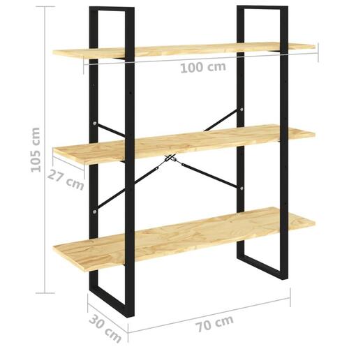 Bogreol 100x30x105 cm 3 hylder massivt fyrretræ