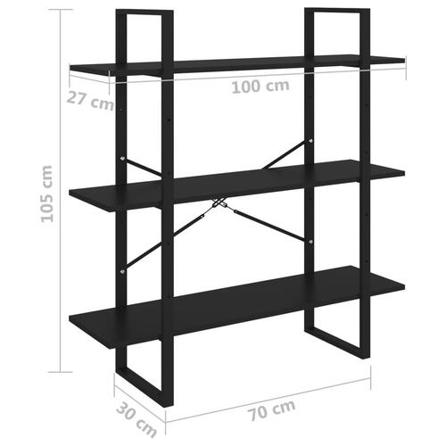 Bogreol med 3 hylder 100x30x105 cm massivt fyrretræ sort