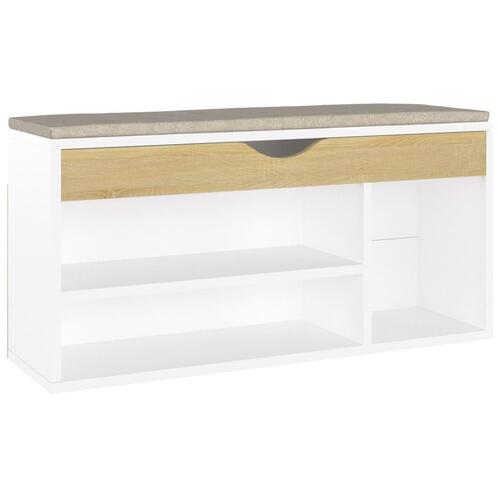 Skobænk med hynde 104x30x49 cm spånplade hvid og sonoma-eg